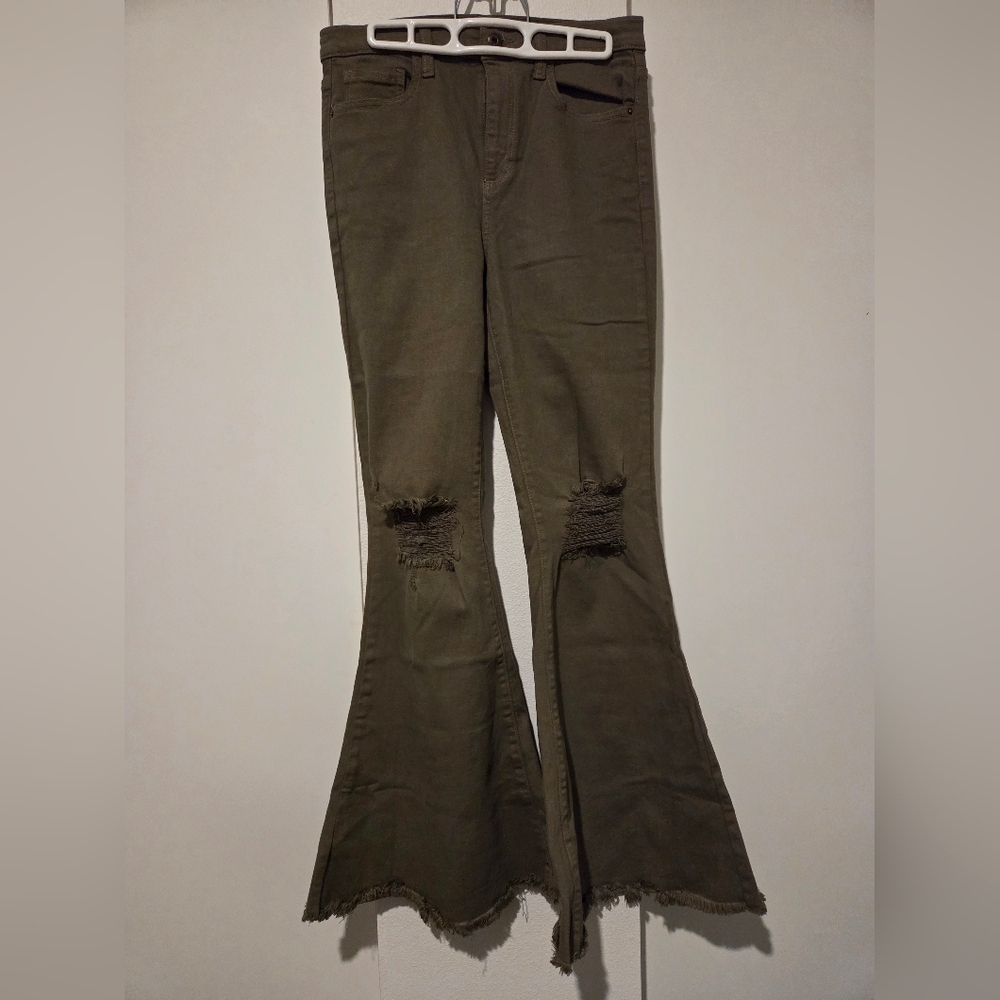 Flared Olive Distressed Jeans
